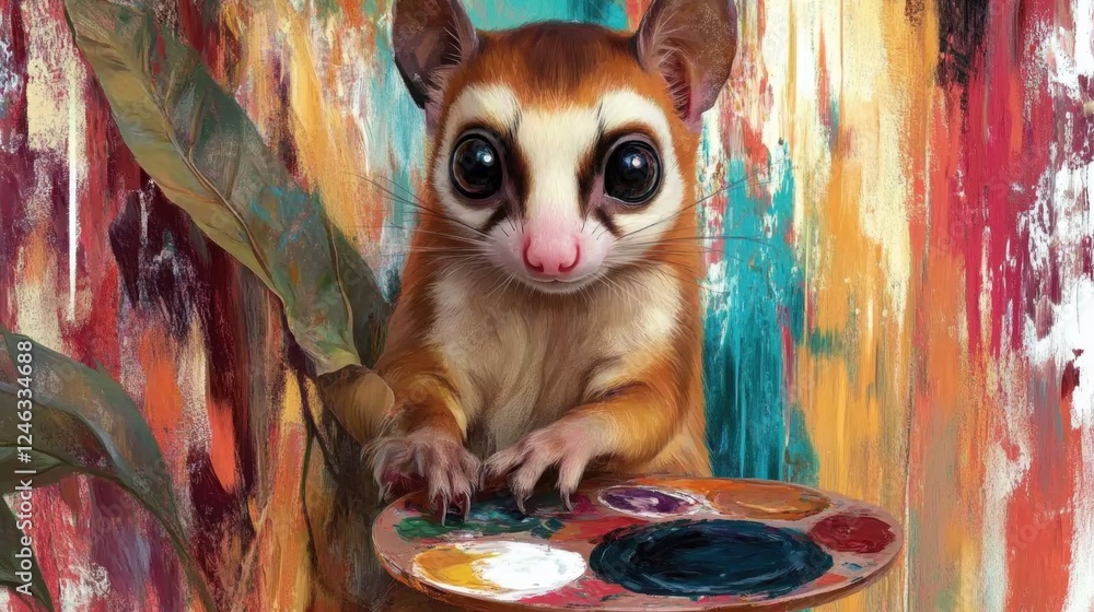 Fototapeta premium Squirrel glider artist paints vibrant colors in a whimsical forest setting