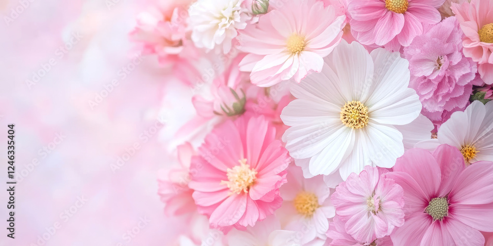 Delicate pink and white flowers in soft focus romantic floral composition with gentle pastel tones Delicate pink and white flowers in soft focus romantic floral composition with gentle pastel tones