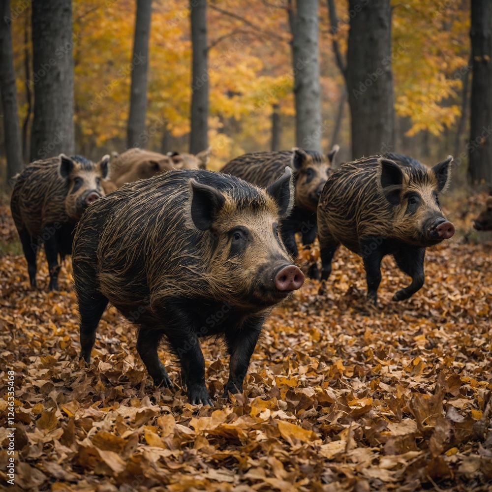 A group of wild boars trotting through fallen autumn leaves. A group of wild boars trotting through fallen autumn leaves.