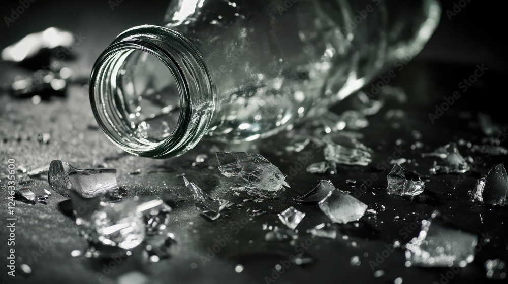 Close-up of a shattered glass bottle with spilled liquid, symbolizing the dangers of alcohol, on a dark background with copy space. Alcohol abuse, addiction, and health risks concept. Close-up of a shattered glass bottle with spilled liquid, symbolizing the dangers of alcohol, on a dark background with copy space. Alcohol abuse, addiction, and health risks concept.