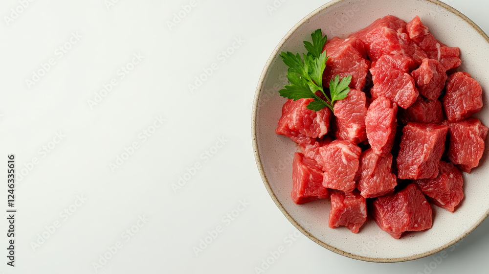 Fresh raw beef cubes in ceramic bowl with parsley leaf on white background vibrant culinary concept Fresh raw beef cubes in ceramic bowl with parsley leaf on white background vibrant culinary concept