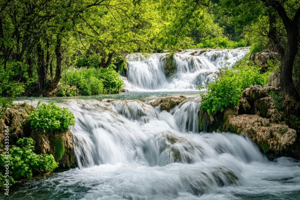 Serene Waterfall Surrounded by Lush Green Vegetation Serene Waterfall Surrounded by Lush Green Vegetation