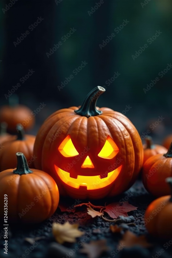 Dark orange pumpkins grouped around a dimly lit jack-o-lantern, fall foliage, Halloween decorations Dark orange pumpkins grouped around a dimly lit jack-o-lantern, fall foliage, Halloween decorations