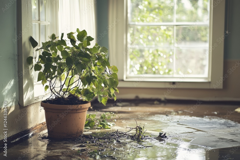 Potted plant lies on its side in flooded sunroom with natural light. Generative AI Potted plant lies on its side in flooded sunroom with natural light. Generative AI