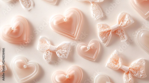 Valentine's Day Gifts Concept. Delicate Hearts and Bows on Soft Background