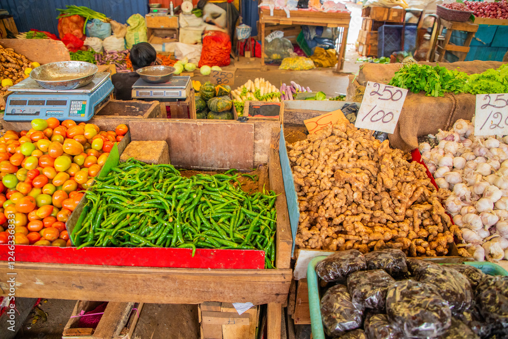 Obraz premium variety of vegetables, fruits, cereals and dried fish in Sri Lanka