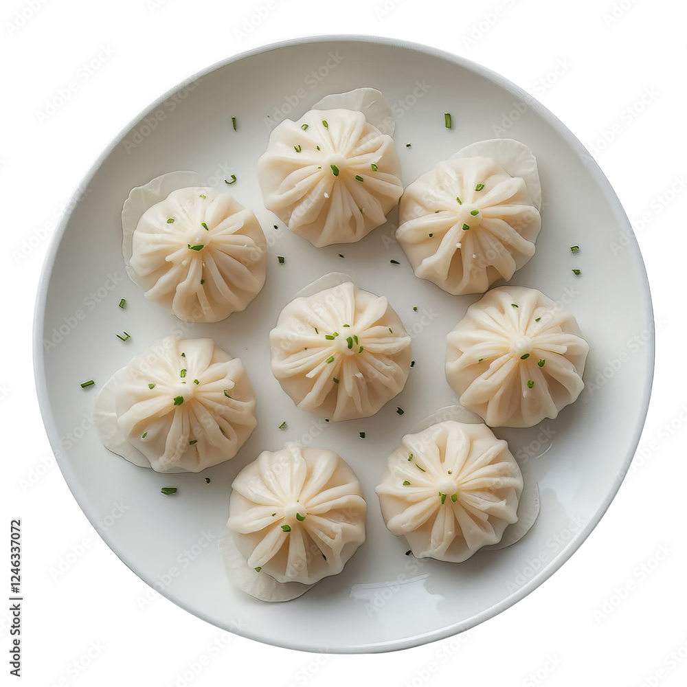 Steamed shrimp dumplings with translucent wrapper on white plate top view
Steamed shrimp dumplings with translucent wrapper on white plate top view