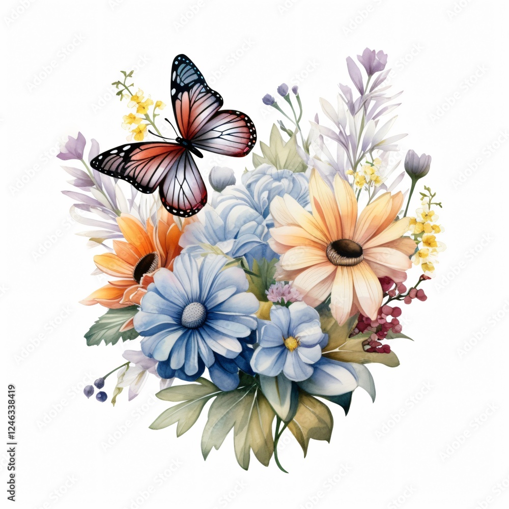 Obraz premium Exquisite Watercolor Clipart of Flower Bouquet and Butterfly for Graphic Design Projects