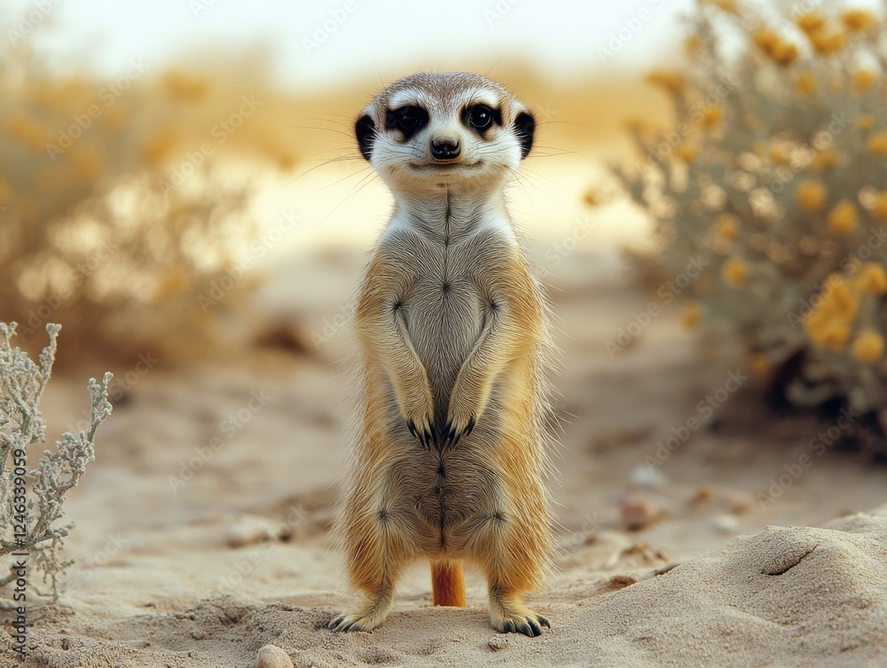 Fototapeta premium Curious meerkat standing upright and observing its surroundings in a sandy desert environment during daylight hours