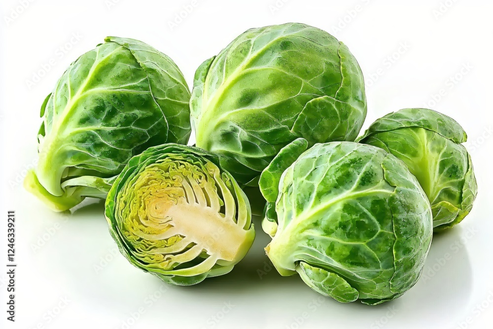 Obraz premium Fresh Brussels Sprouts Displayed on a White Background with One Cut in Half to Show Layers