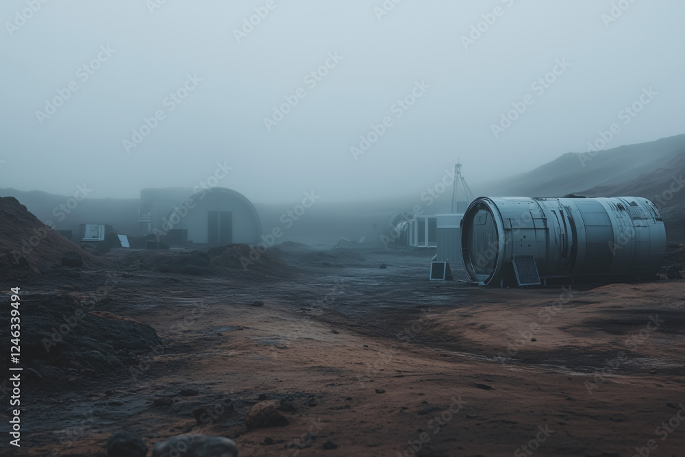 Fog-Shrouded Industrial Site: An eerie, atmospheric image of an abandoned industrial site, shrouded in thick fog. Large metal cylinders and structures are barely visible through the dense mist. Fog-Shrouded Industrial Site: An eerie, atmospheric image of an abandoned industrial site, shrouded in thick fog. Large metal cylinders and structures are barely visible through the dense mist.
