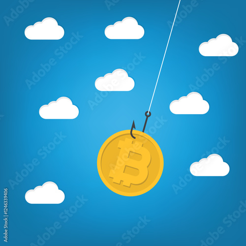 Bitcoin cryptocurrency scam or fraud. A bitcoin with fishing hook. Online digital currency risk	