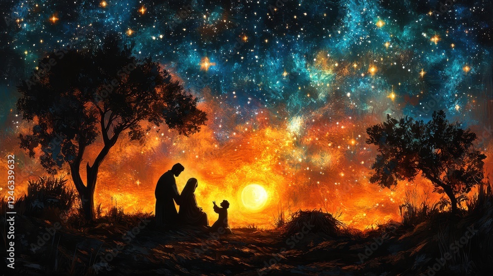Fototapeta premium the nativity silhouette of the holy family in the stable during the starry night digital illustration stained glass effect