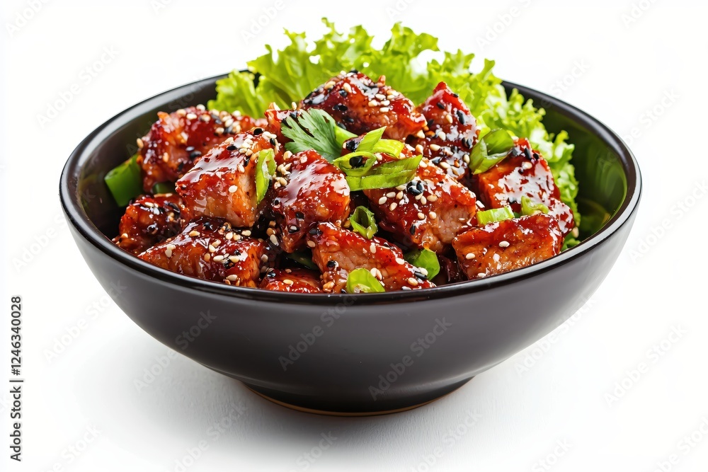 Delicious teriyaki chicken cubes with sesame seeds and fresh green salad in a black bowl Delicious teriyaki chicken cubes with sesame seeds and fresh green salad in a black bowl