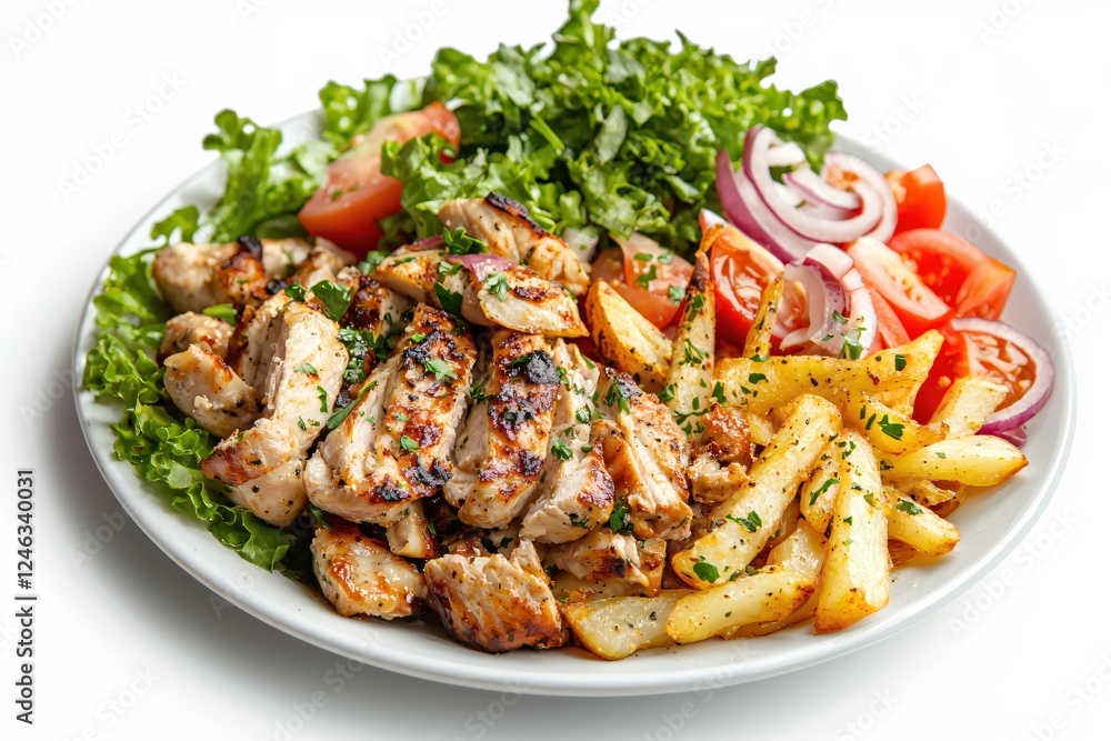Delicious Chicken Souvlaki Plate with Fresh Salad Tomatoes Onions and Crispy Golden Fries