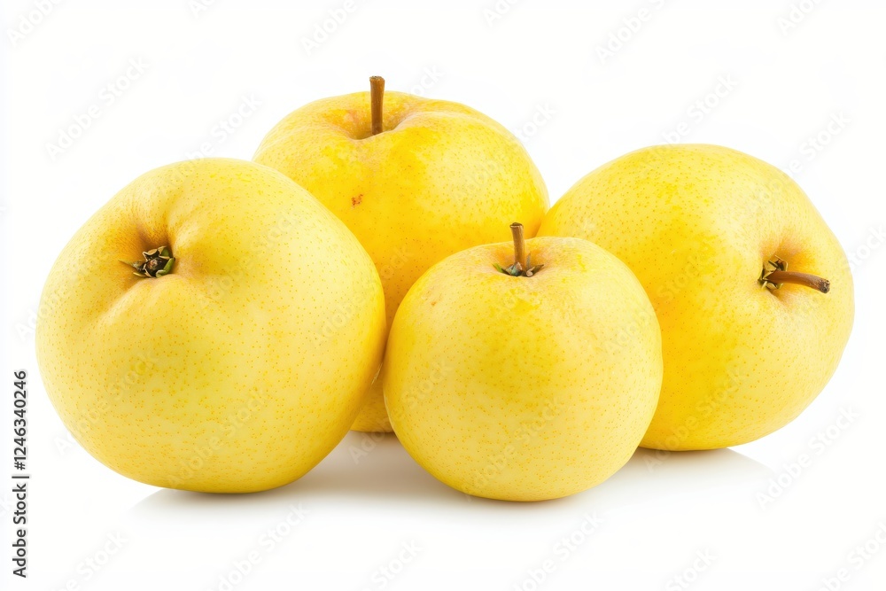Group of Golden Asian Pears with Smooth Yellow Skin and Short Stems on White Background Group of Golden Asian Pears with Smooth Yellow Skin and Short Stems on White Background