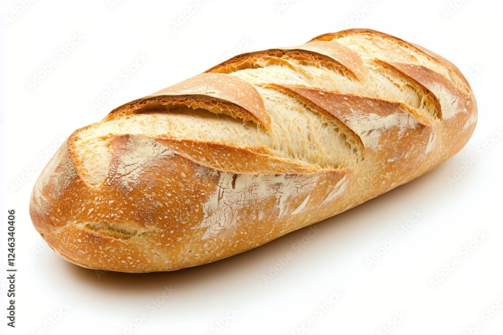 Golden crust artisan bread loaf on white surface captures fresh baked delicious texture