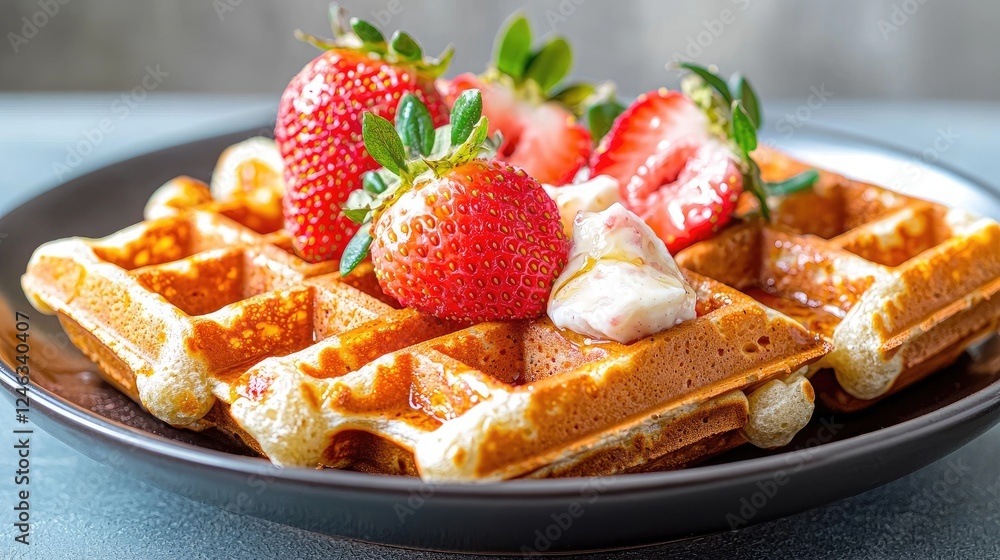 Waffles with strawberries and cream, breakfast, kitchen Waffles with strawberries and cream, breakfast, kitchen