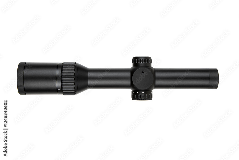A black rifle scope with adjustment knobs and magnification settings, ideal for precision shooting and hunting. Isolate on white back