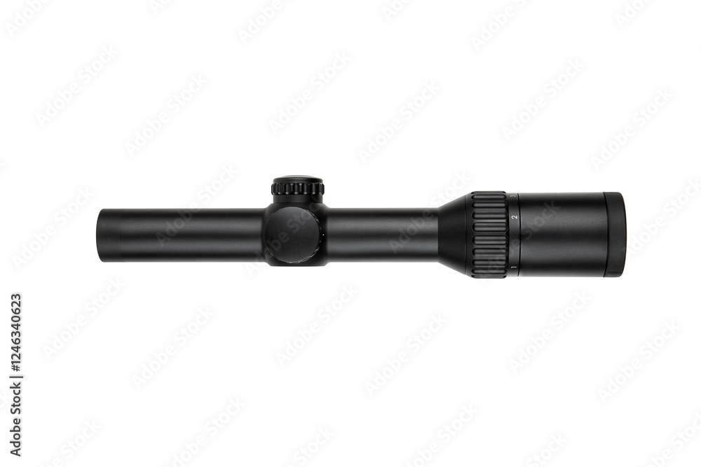 A black rifle scope with adjustment knobs and magnification settings, ideal for precision shooting and hunting. Isolate on white back A black rifle scope with adjustment knobs and magnification settings, ideal for precision shooting and hunting. Isolate on white back