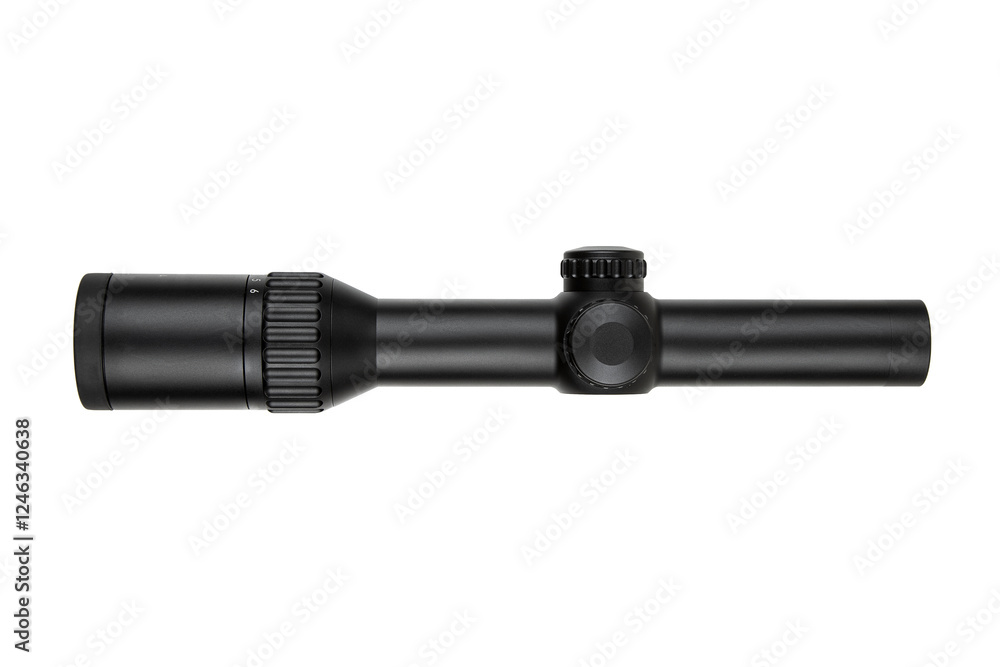 A black rifle scope with adjustment knobs and magnification settings, ideal for precision shooting and hunting. Isolate on white back A black rifle scope with adjustment knobs and magnification settings, ideal for precision shooting and hunting. Isolate on white back