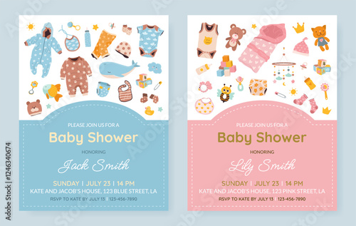 Set of vertical invitation cards for a baby shower, birthday, or gender reveal party. It's a Boy. It's a Girl. Isolated cute postcard templates with baby essentials and text. Vector illustration.