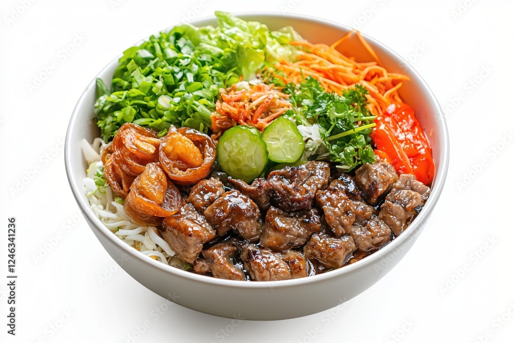 Delicious and Colorful Vietnamese Rice Noodle Bowl with Grilled Meat and Fresh Vegetables Delicious and Colorful Vietnamese Rice Noodle Bowl with Grilled Meat and Fresh Vegetables