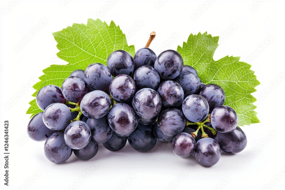 Fototapeta premium Bunch of Fresh Black Grapes with Green Leaves Isolated on White Background Studio Shot