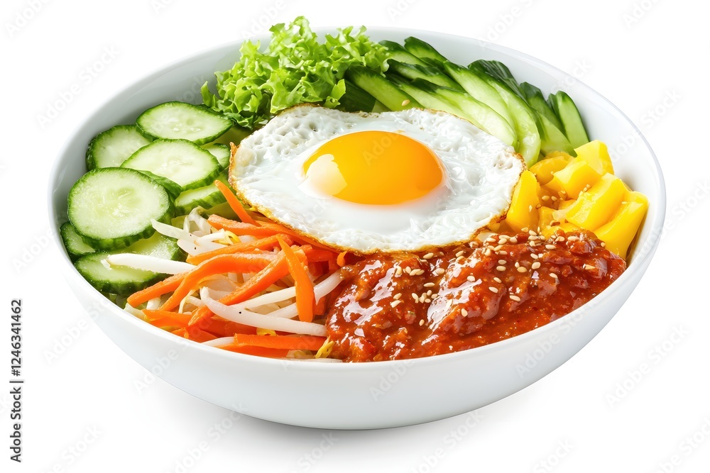 Delicious Bibimbap Bowl with Fried Egg and Fresh Vegetables Korean Cuisine Presentation Delicious Bibimbap Bowl with Fried Egg and Fresh Vegetables Korean Cuisine Presentation