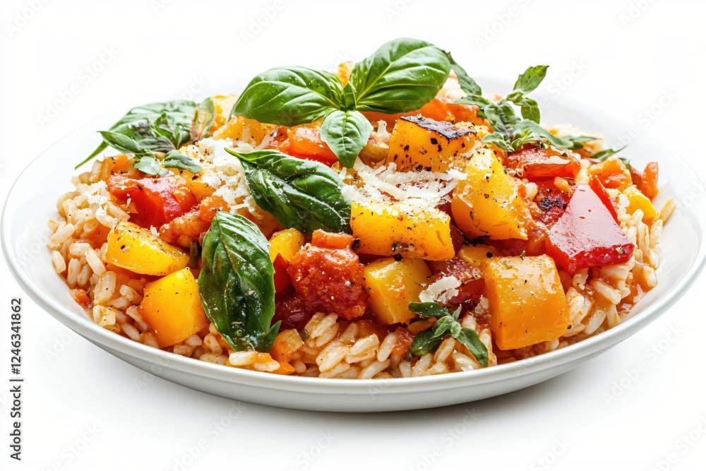 Delicious orzo pasta with roasted bell pepper and fresh basil leaves on a white plate Delicious orzo pasta with roasted bell pepper and fresh basil leaves on a white plate