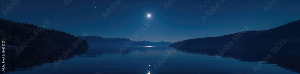 Fototapeta premium A single star shining over the lake's dark surface, serenity, reflection, water