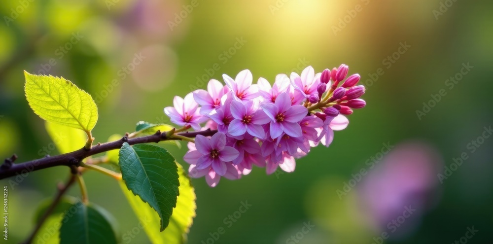 A single lilac branch with a few delicate purple flowers blooming in the sunlight, botanical garden, flowering branches, spring blooms A single lilac branch with a few delicate purple flowers blooming in the sunlight, botanical garden, flowering branches, spring blooms
