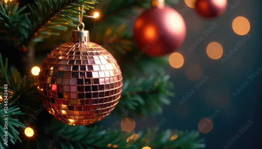 Obraz premium Twinkling disco ball hangs from Christmas tree branch, glittery, disco balls