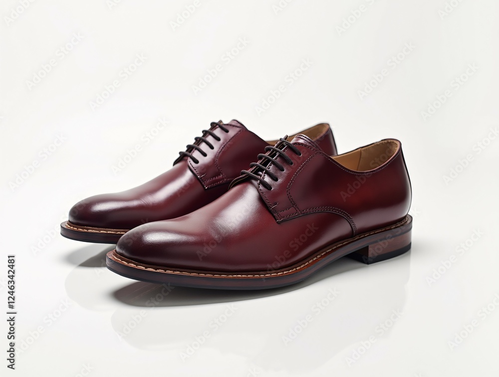 A Stylish Pair of Burgundy Leather Dress Shoes With a Classic Lace-Up Design Placed on a White Background. A Stylish Pair of Burgundy Leather Dress Shoes With a Classic Lace-Up Design Placed on a White Background.