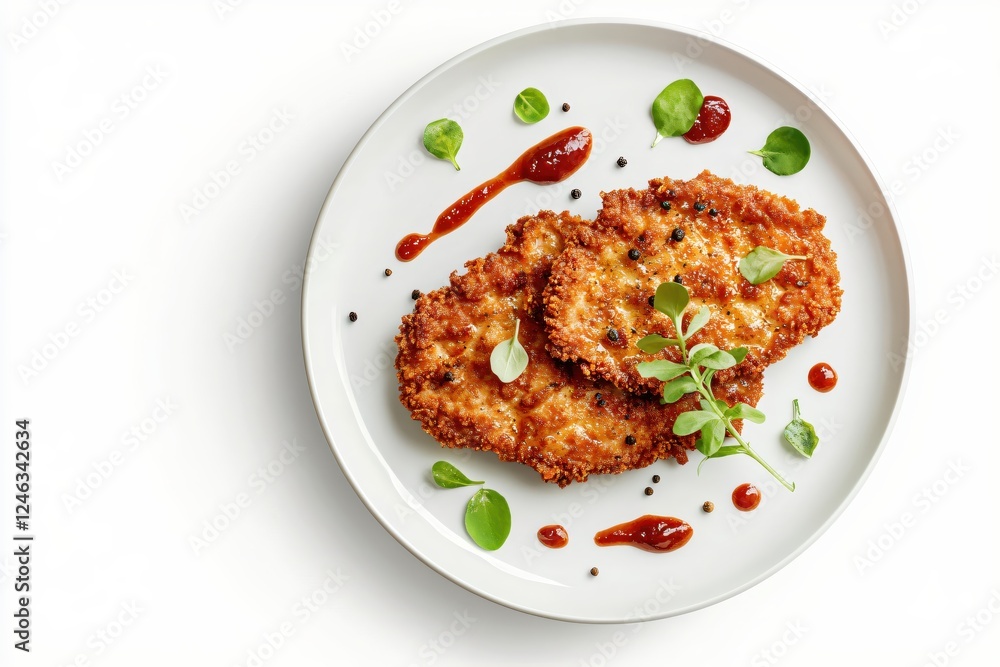 Delicious schnitzel served on a white plate with fresh green herbs and spicy red sauce Delicious schnitzel served on a white plate with fresh green herbs and spicy red sauce
