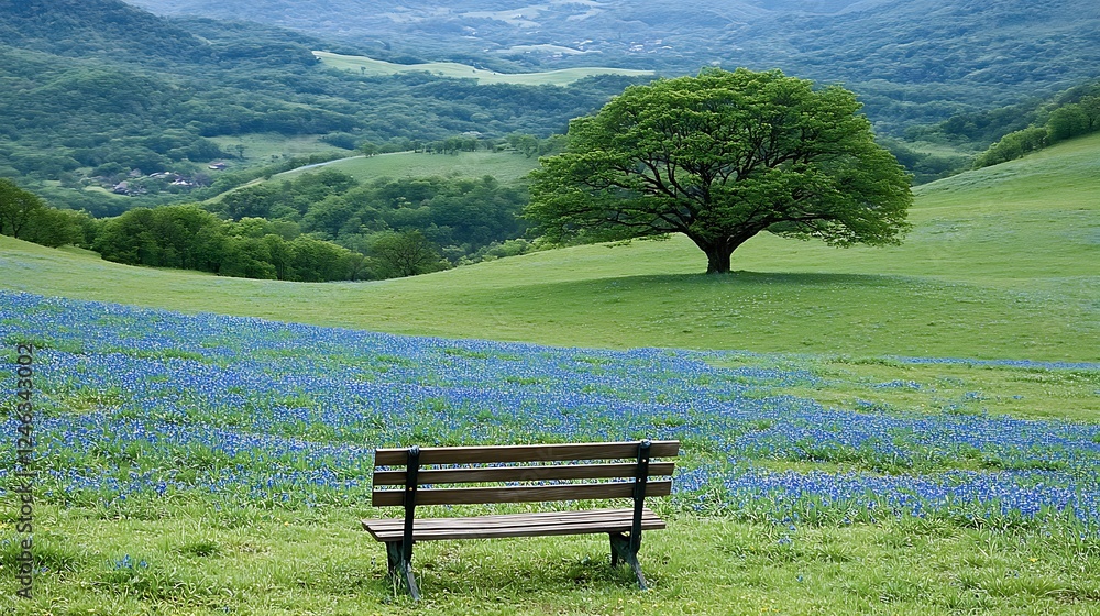 A Majestic Tree Surrounded by a Vibrant Field of Bluebell Flowers in Nature A Majestic Tree Surrounded by a Vibrant Field of Bluebell Flowers in Nature
