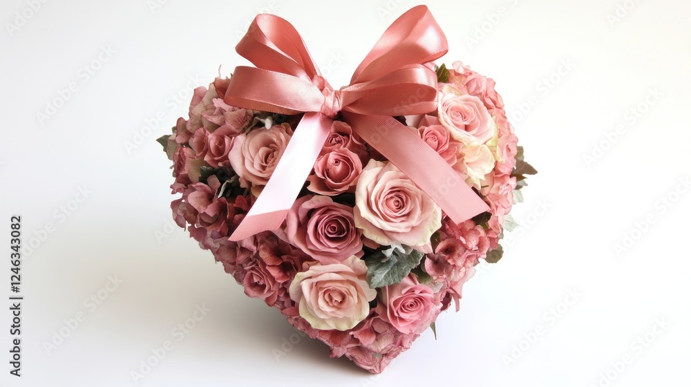 Elegant Heart-shaped Floral Arrangement with a Soft Pink Ribbon on white backdrop Elegant Heart-shaped Floral Arrangement with a Soft Pink Ribbon on white backdrop