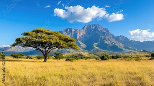 African savanna landscape, majestic mountain backdrop, acacia tree, sunny day, travel photography