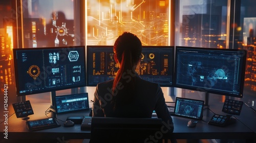 Cybersecurity Professional Working in a Futuristic Setting