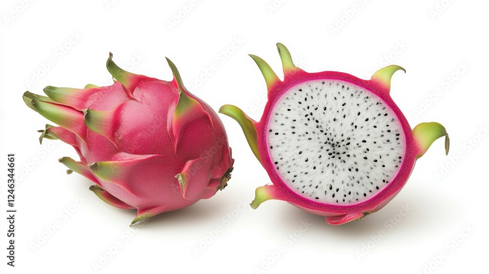 Two dragon fruits: whole and halved with white flesh on white background Two dragon fruits: whole and halved with white flesh on white background