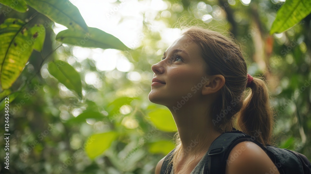 A woman gazes upwards, her expression contemplative, as she stands in a serene environment, lost in thought and the beauty above her. A woman gazes upwards, her expression contemplative, as she stands in a serene environment, lost in thought and the beauty above her.