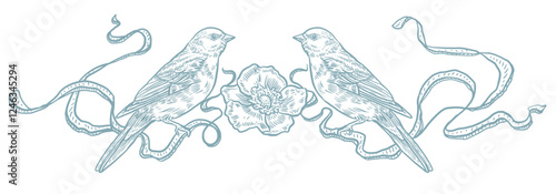 birds with ribbons, vector border, spring frame, vintage style graphics