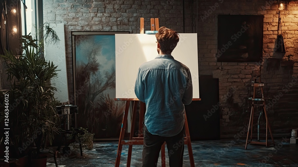 Artist's back, facing blank canvas, in studio. Artist's back, facing blank canvas, in studio.