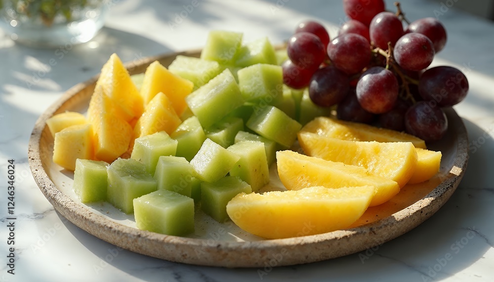 Fresh Fruit Platter Melon Cubes Grape Slices Peach Slices Fresh Fruit Platter Melon Cubes Grape Slices Peach Slices
