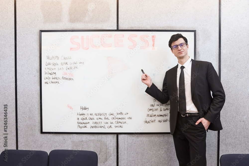 He is pointing to the board and giving a presentation He is pointing to the board and giving a presentation