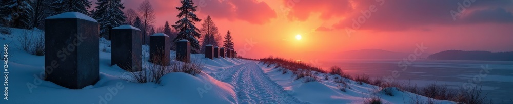 The sun dips below the horizon amidst frozen memorials, shadows, solitude The sun dips below the horizon amidst frozen memorials, shadows, solitude