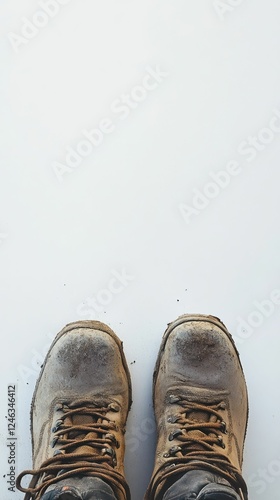Muddy boots, laces tied, on white background.