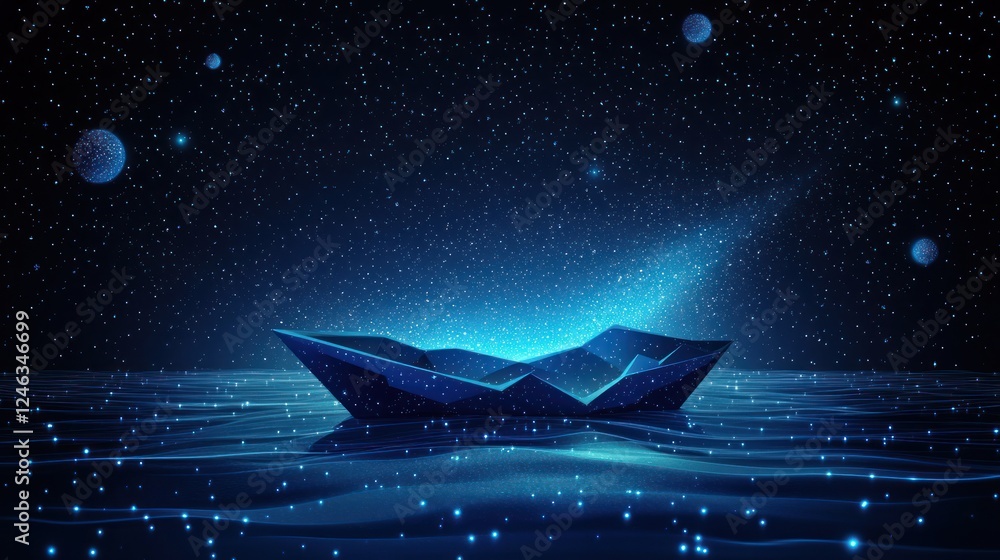 Glowing paper boat floats on dark water under starry night sky. Glowing paper boat floats on dark water under starry night sky.