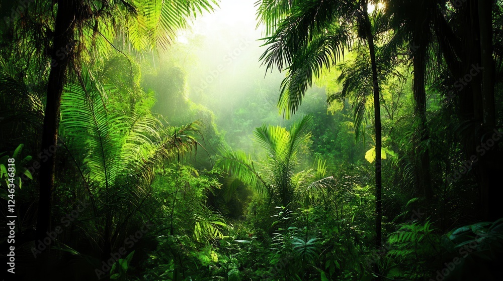 Fototapeta premium A vibrant aerial view showcasing a dense and lush green jungle filled with diverse trees and rich vegetation.