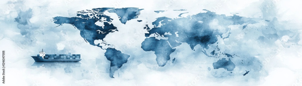 Fototapeta premium A watercolor-style map of the world in shades of blue, depicting continents softly blended into a misty background.